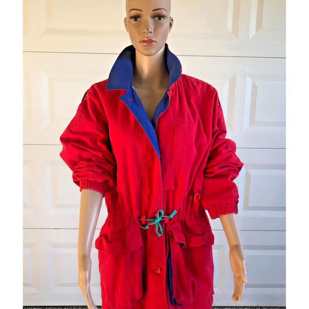 Vintage Eddie Bauer Rain Coat Womens Medium Red Cinch Waist Vented Y2K Lined